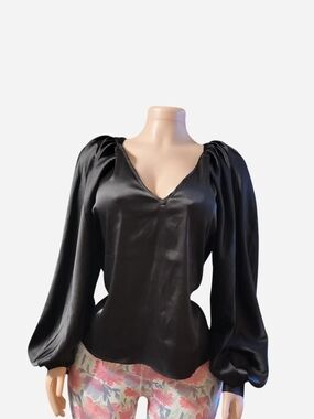 Shoe Dazzle Black Satin V-Neck Balloon Sleeve Blouse